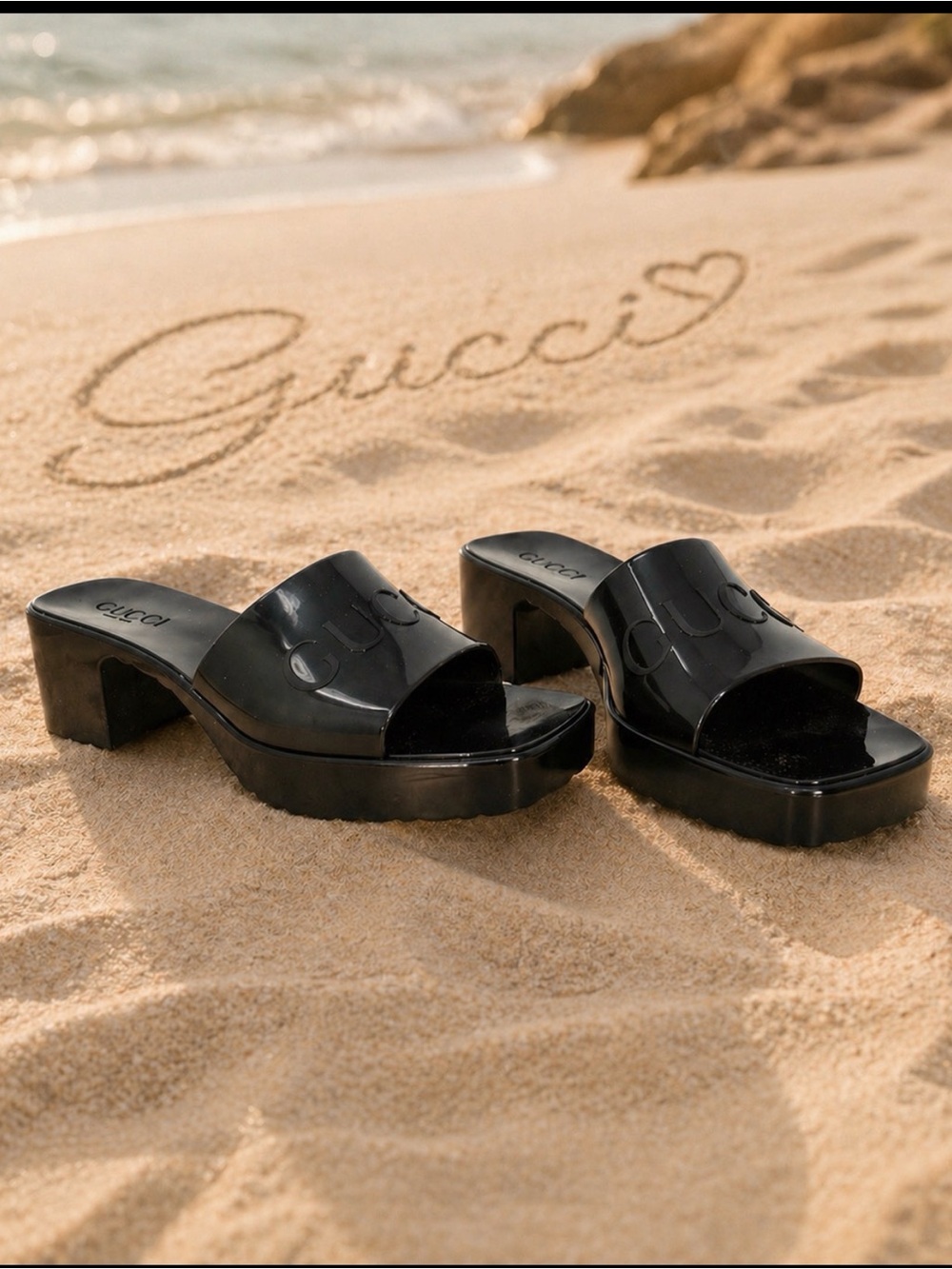 Authentic Gucci Black Embossed Patent/Rubber Platform Slide Mules IT 38 COA - Picture 9 of 14